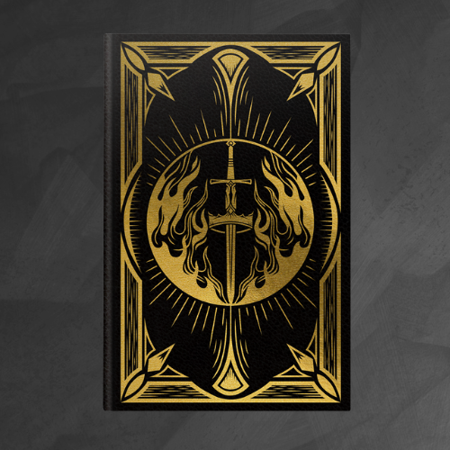 Decorative book cover with gold emblem on a dark background